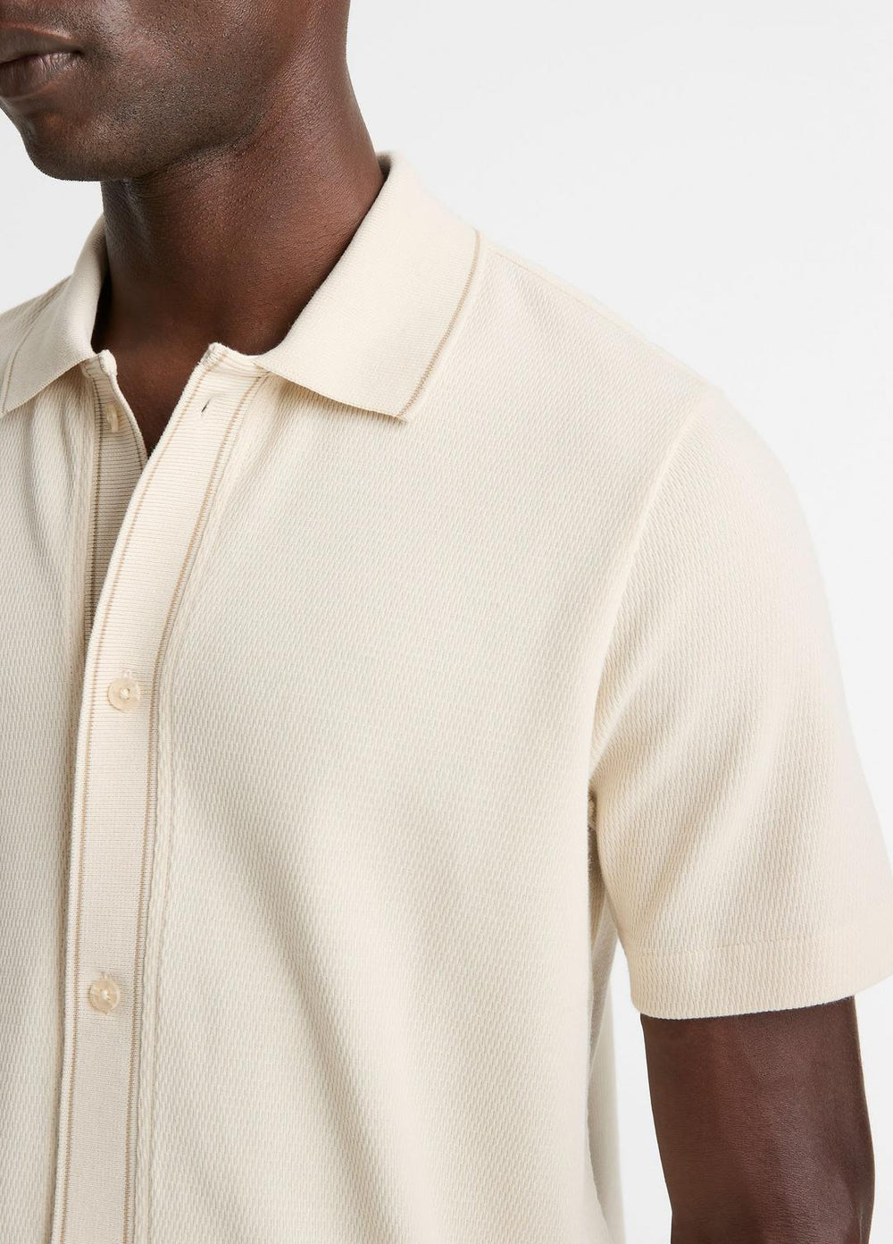 VINCE | Jacquard-Knit Cotton Short-Sleeve Button-Front Shirt in Short Sleeve - BONE/RIVER SAND