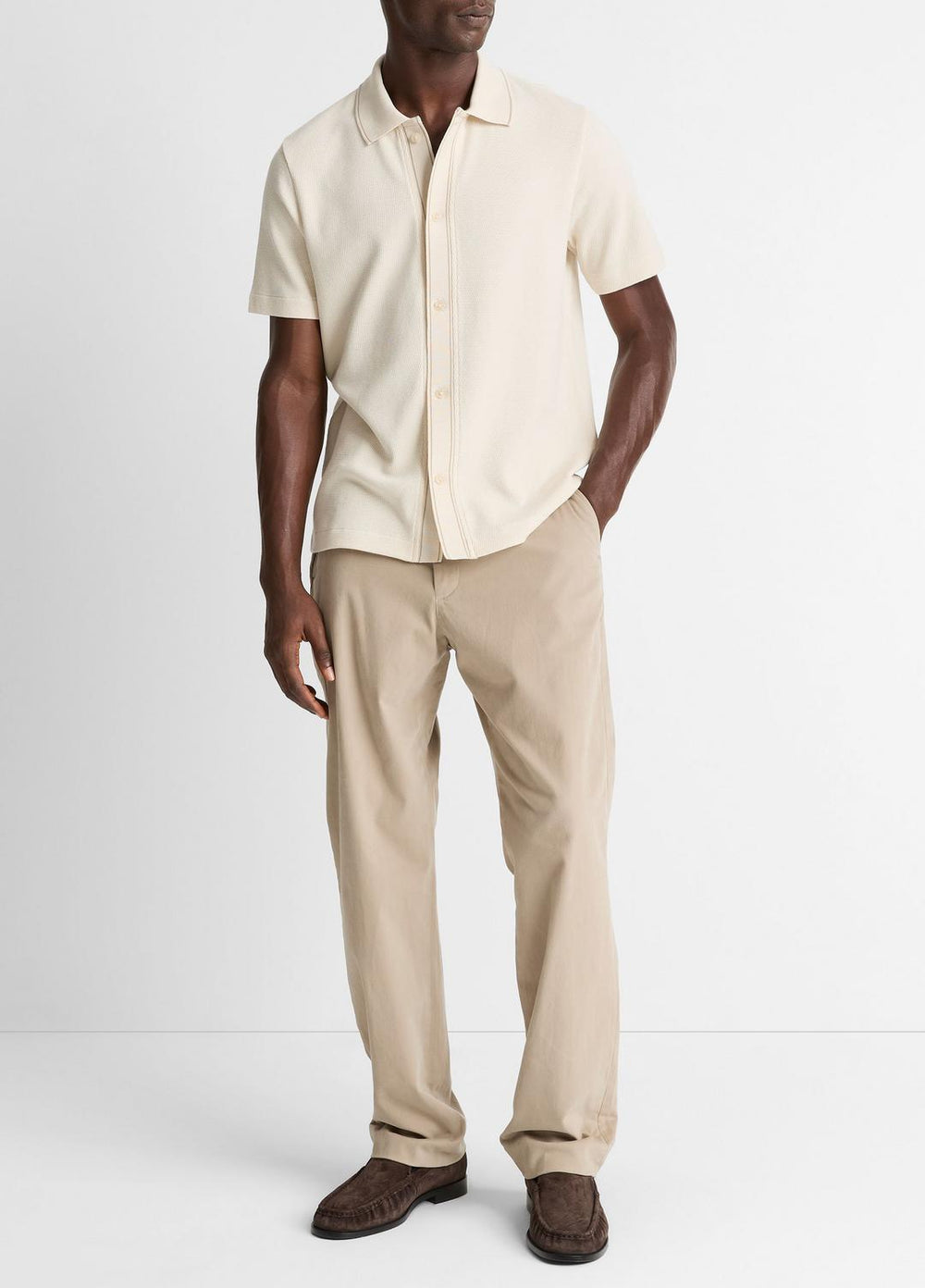 VINCE | Jacquard-Knit Cotton Short-Sleeve Button-Front Shirt in Short Sleeve - BONE/RIVER SAND