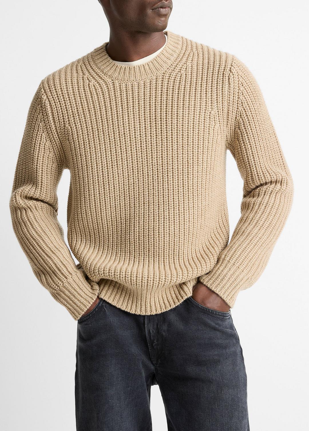 VINCE | Utility Shaker Merino Wool Sweater in Crew Neck - HEATHER RIVER SAND