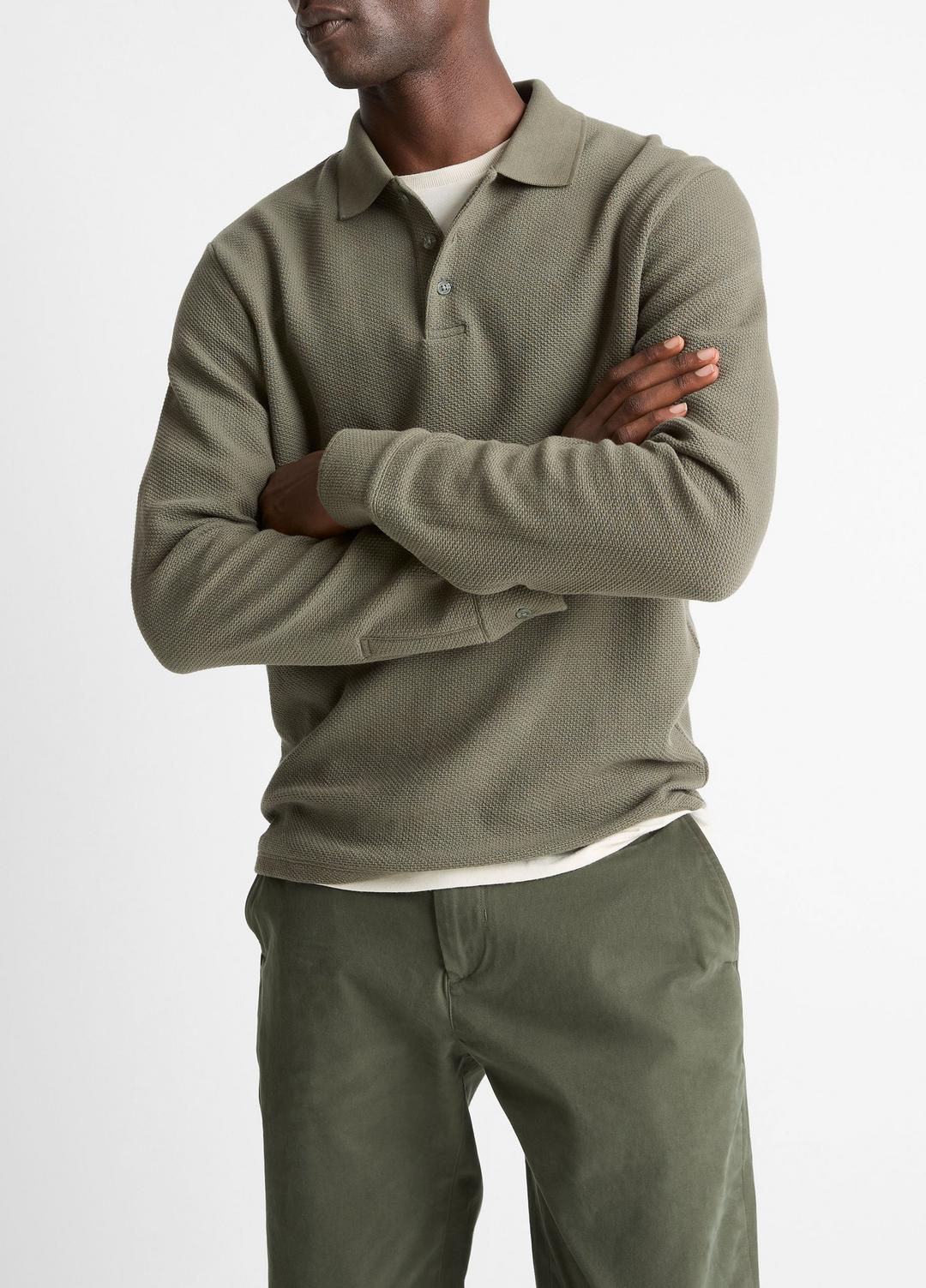VINCE | Basket-Weave Cotton Long-Sleeve Polo Shirt in Henleys & Polos - SYCAMORE