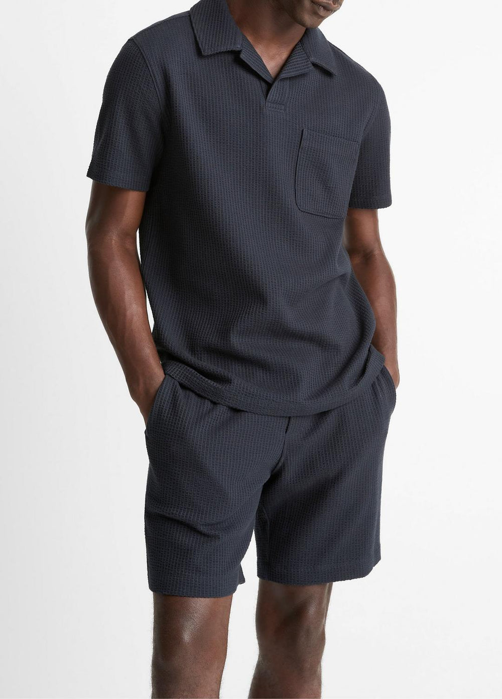 VINCE | Seersucker-Knit Stretch-Cotton Short-Sleeve Johnny-Collar Shirt in Short Sleeve - COASTAL BLUE