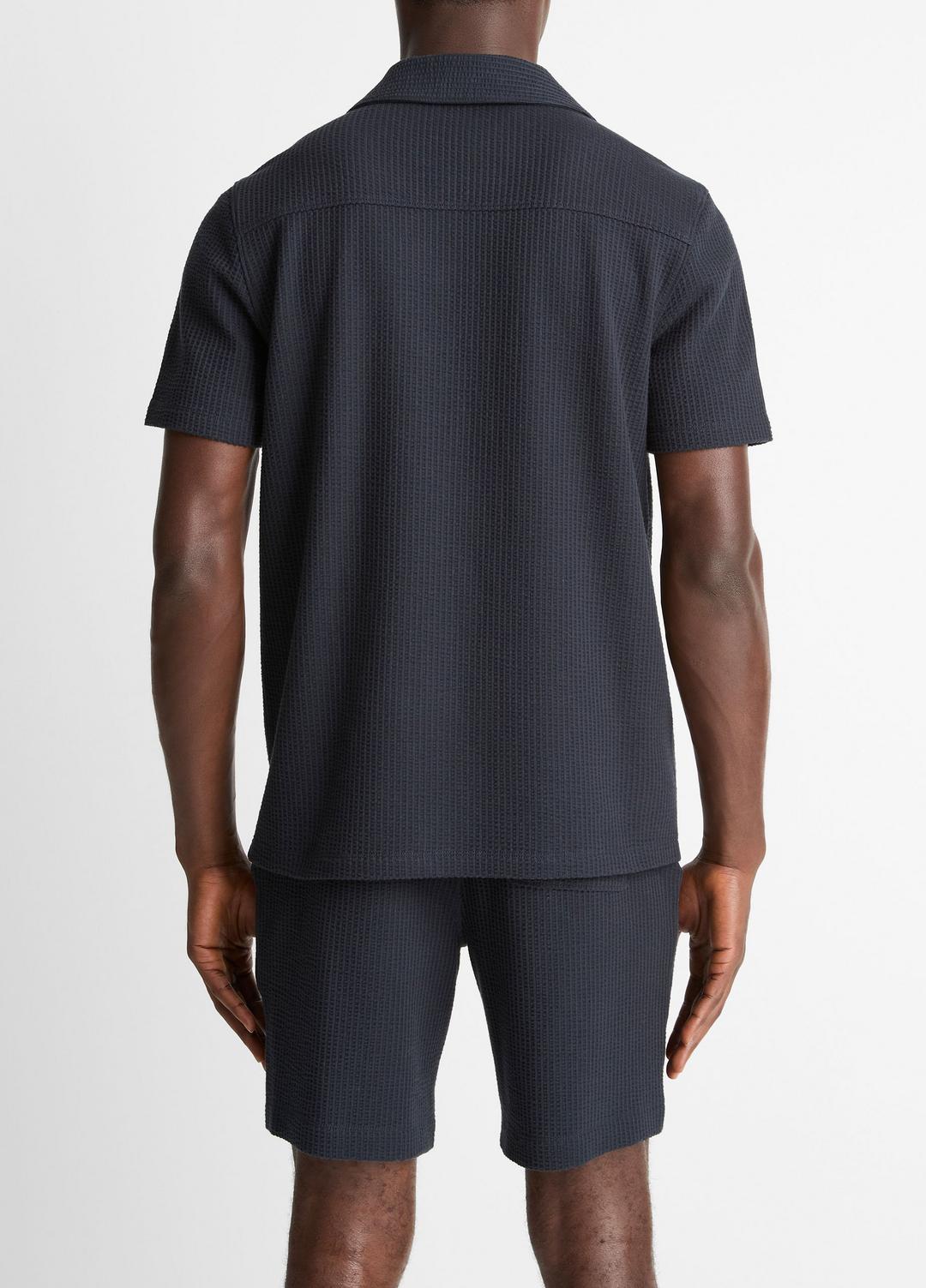 VINCE | Seersucker-Knit Stretch-Cotton Short-Sleeve Johnny-Collar Shirt in Short Sleeve - COASTAL BLUE