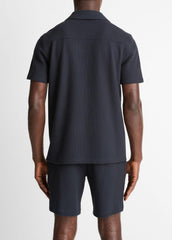 VINCE | Seersucker-Knit Stretch-Cotton Short-Sleeve Johnny-Collar Shirt in Short Sleeve - COASTAL BLUE