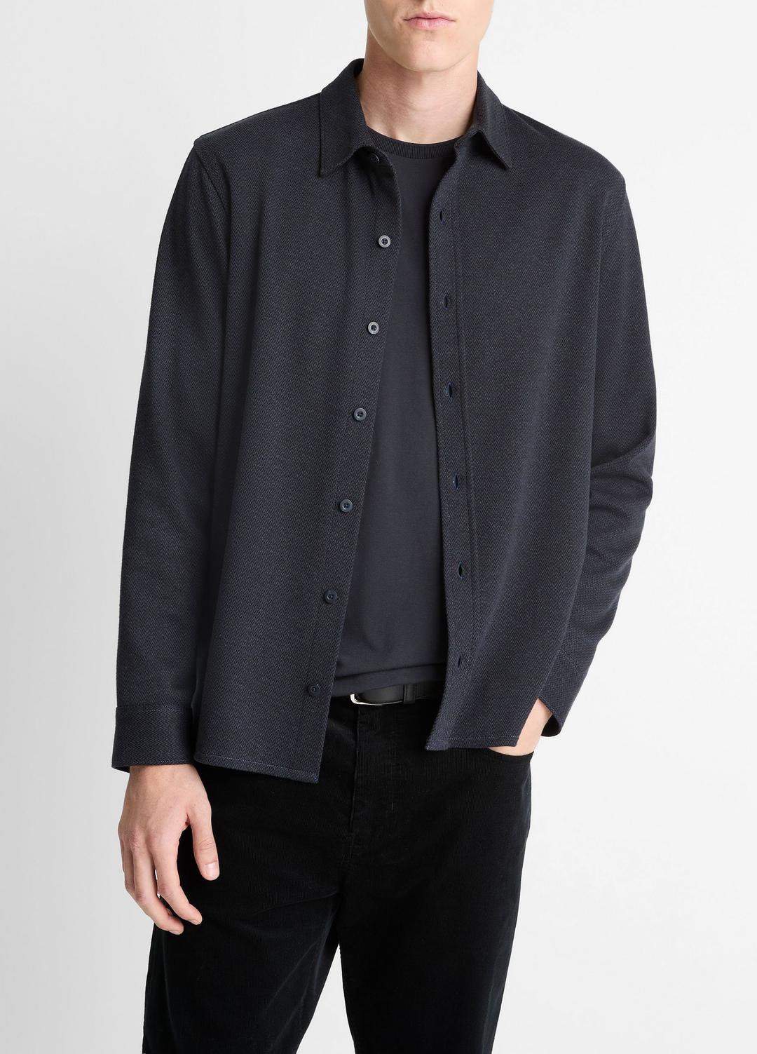 VINCE | Herringbone Cotton-Blend Button-Front Shirt in Long Sleeve - COASTAL BLUE