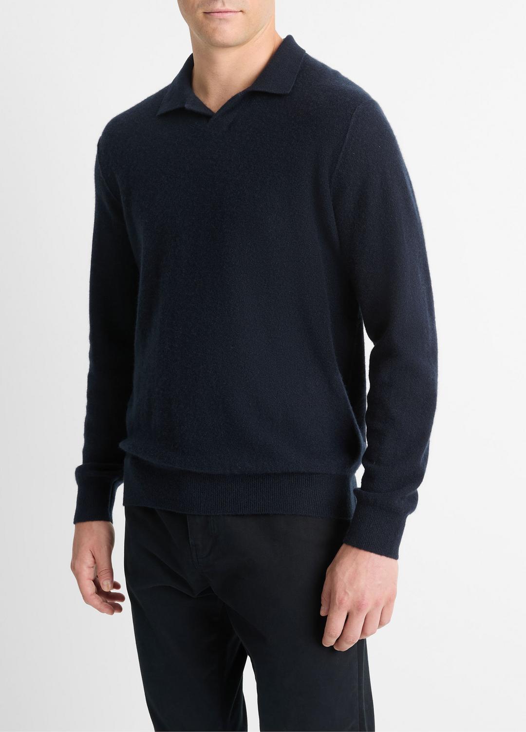 VINCE | Plush Cashmere Johnny-Collar Polo in Sweaters - COASTAL BLUE