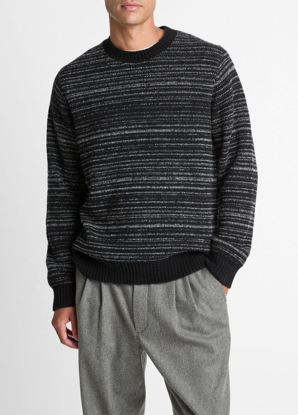 VINCE | Marled Stripe Merino Wool-Blend Sweater in Crew Neck - BLACK/MEDIUM HEATHER GREY
