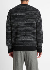 VINCE | Marled Stripe Merino Wool-Blend Sweater in Crew Neck - BLACK/MEDIUM HEATHER GREY