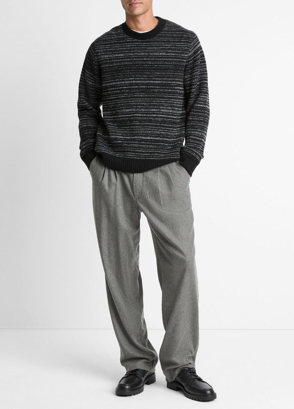 VINCE | Marled Stripe Merino Wool-Blend Sweater in Crew Neck - BLACK/MEDIUM HEATHER GREY