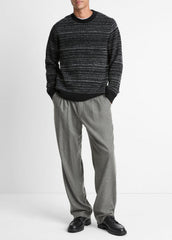 VINCE | Marled Stripe Merino Wool-Blend Sweater in Crew Neck - BLACK/MEDIUM HEATHER GREY