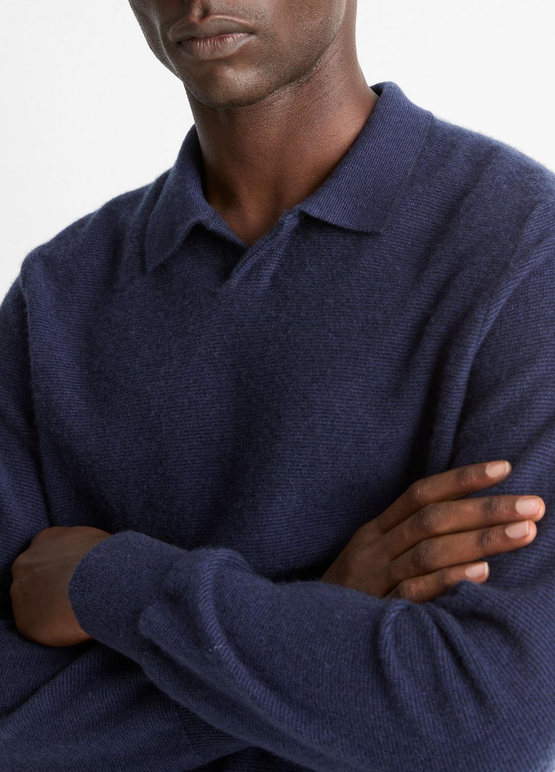 VINCE | Feed Stripe Plush Cashmere Johnny-Collar Sweater in Cashmere - COASTAL BLUE/DARK SAPPHIRE