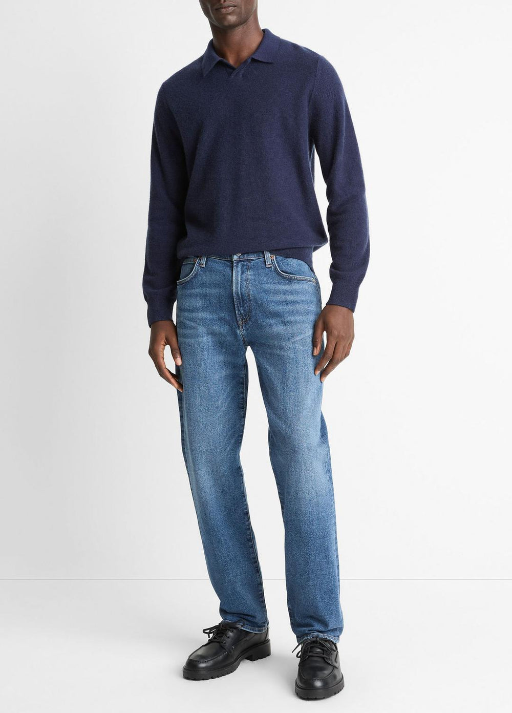 VINCE | Feed Stripe Plush Cashmere Johnny-Collar Sweater in Cashmere - COASTAL BLUE/DARK SAPPHIRE