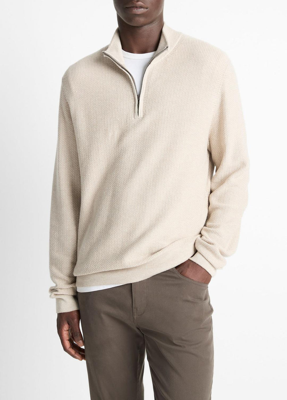 VINCE | Geo-Jacquard Wool-Blend Quarter-Zip Sweater in Quarter Zip - BRITISH KHAKI/CLASSIC CREAM