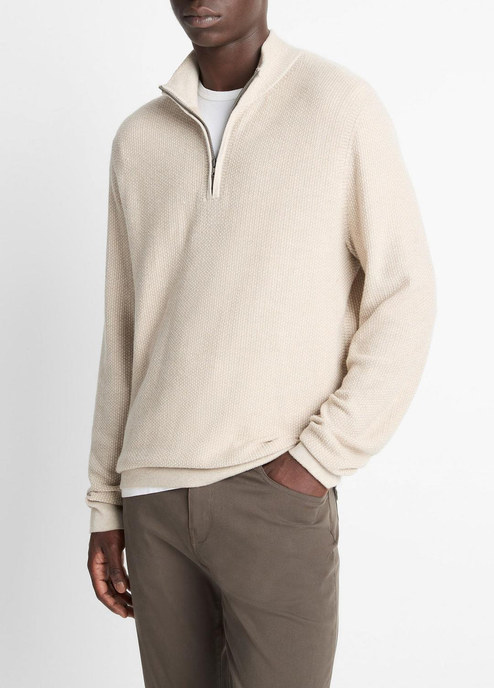 VINCE | Geo-Jacquard Wool-Blend Quarter-Zip Sweater in Quarter Zip - BRITISH KHAKI/CLASSIC CREAM
