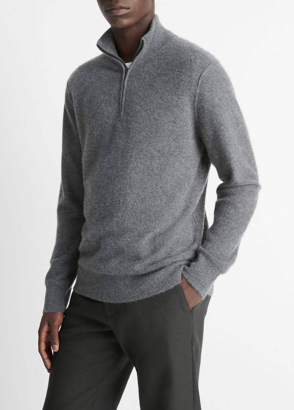 VINCE | Plush Cashmere Quarter-Zip Sweater in Quarter Zip - MEDIUM HEATHER GREY