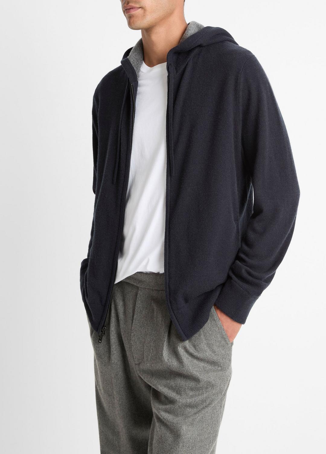 VINCE | Cashmere Zip-Front Hoodie in Cashmere - COASTAL BLUE/MEDIUM HEATHER GREY