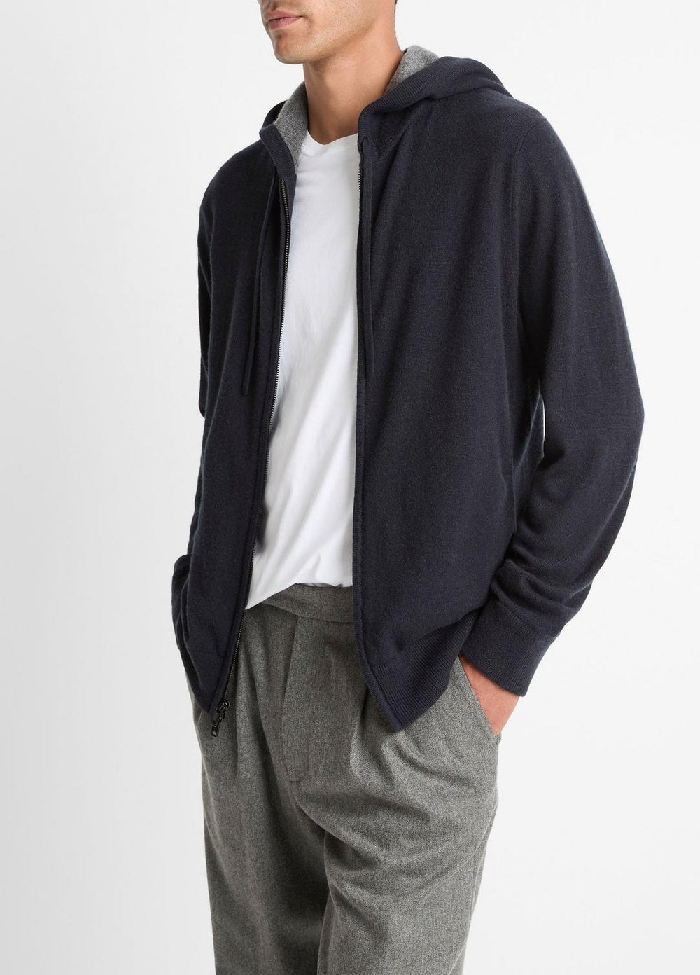 VINCE | Cashmere Zip-Front Hoodie in Cashmere - COASTAL BLUE/MEDIUM HEATHER GREY