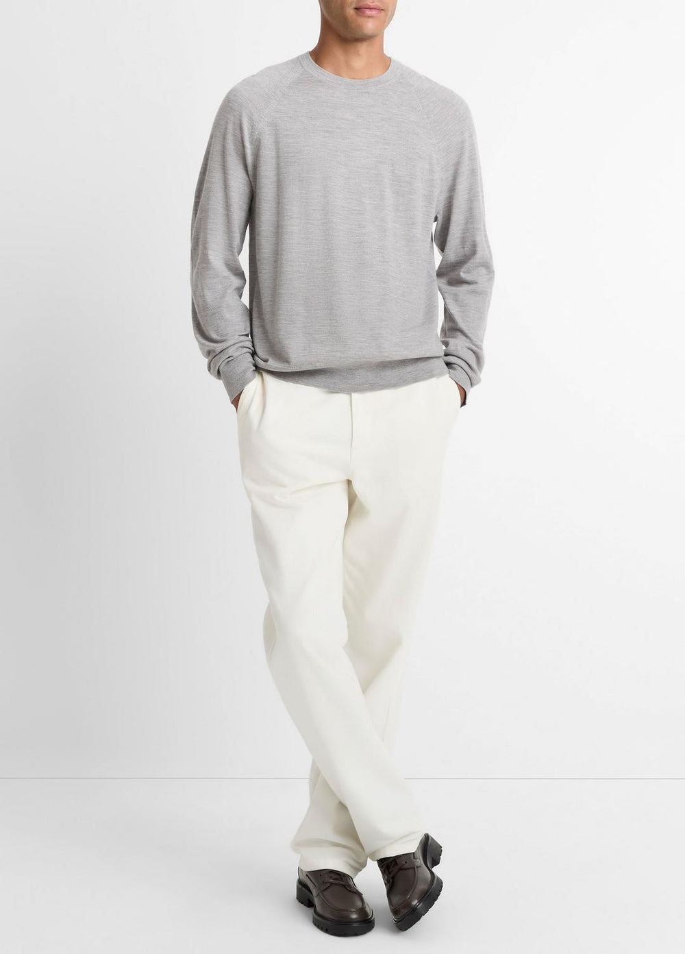 VINCE | Featherweight Wool-Cashmere Crew Neck Sweater in Crew Neck - HEATHER GREY