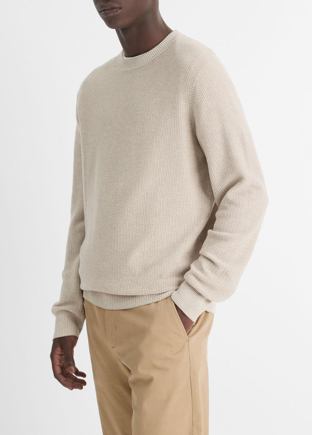 VINCE | Geo-Jacquard Wool-Blend Crew Neck Sweater in Crew Neck - BRITISH KHAKI/CLASSIC CREAM