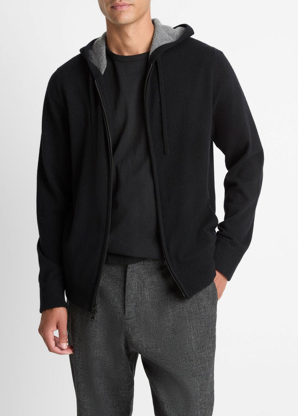 VINCE | Cashmere Zip-Front Hoodie in Cashmere - BLACK/MEDIUM HEATHER GREY