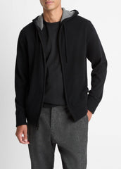 VINCE | Cashmere Zip-Front Hoodie in Cashmere - BLACK/MEDIUM HEATHER GREY