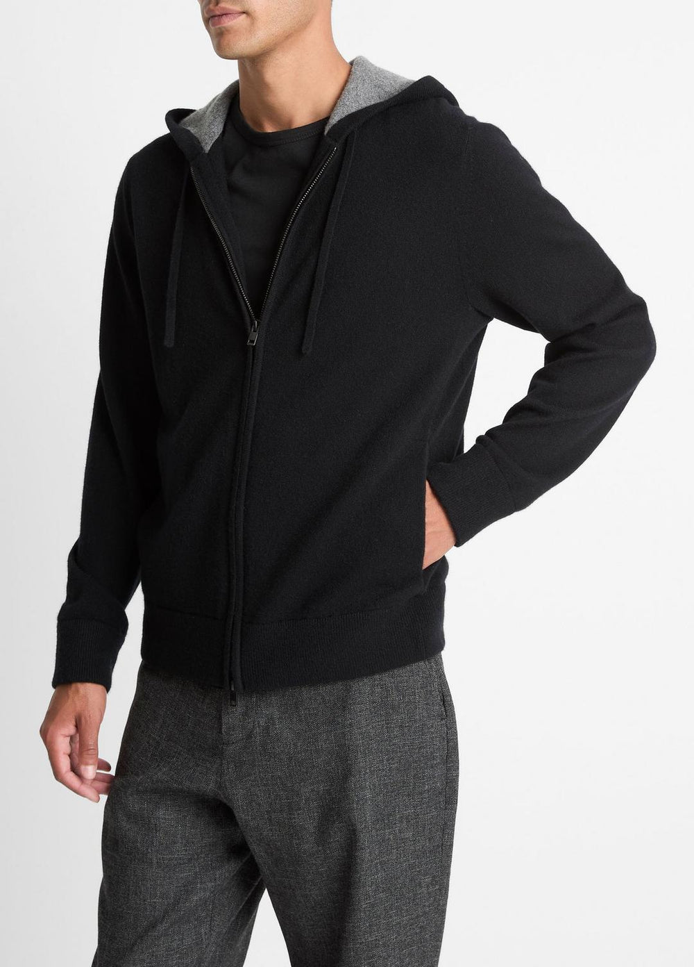VINCE | Cashmere Zip-Front Hoodie in Cashmere - BLACK/MEDIUM HEATHER GREY