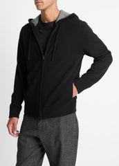 VINCE | Cashmere Zip-Front Hoodie in Cashmere - BLACK/MEDIUM HEATHER GREY