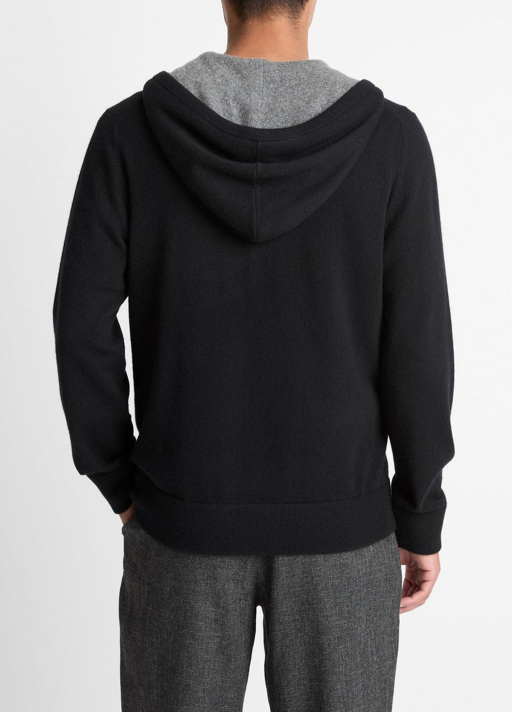 VINCE | Cashmere Zip-Front Hoodie in Cashmere - BLACK/MEDIUM HEATHER GREY