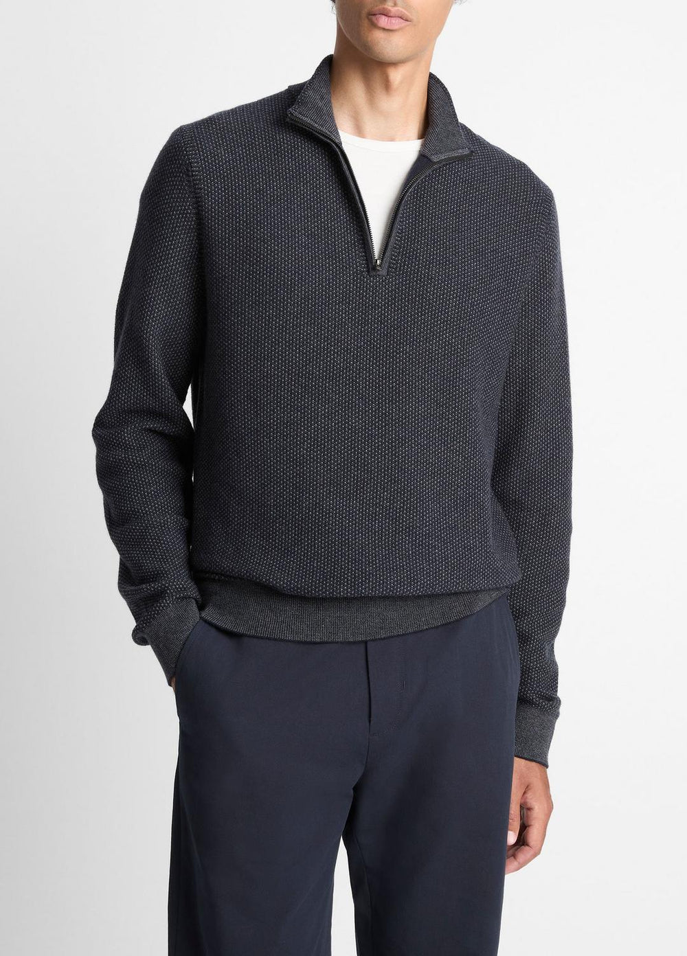 VINCE | Geo-Jacquard Wool-Blend Quarter-Zip Sweater in Quarter Zip - COASTAL BLUE/MEDIUM HEATHER GREY