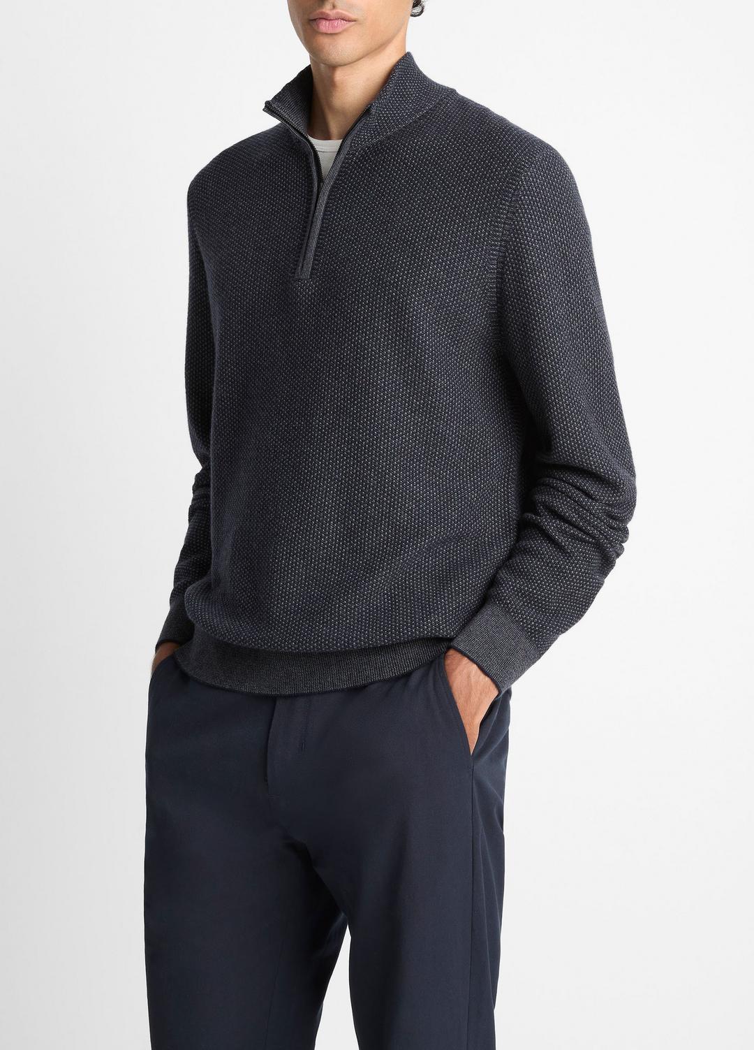 VINCE | Geo-Jacquard Wool-Blend Quarter-Zip Sweater in Quarter Zip - COASTAL BLUE/MEDIUM HEATHER GREY