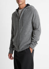 VINCE | Cashmere Zip-Front Hoodie in Cashmere - MEDIUM HEATHER GREY/BLACK
