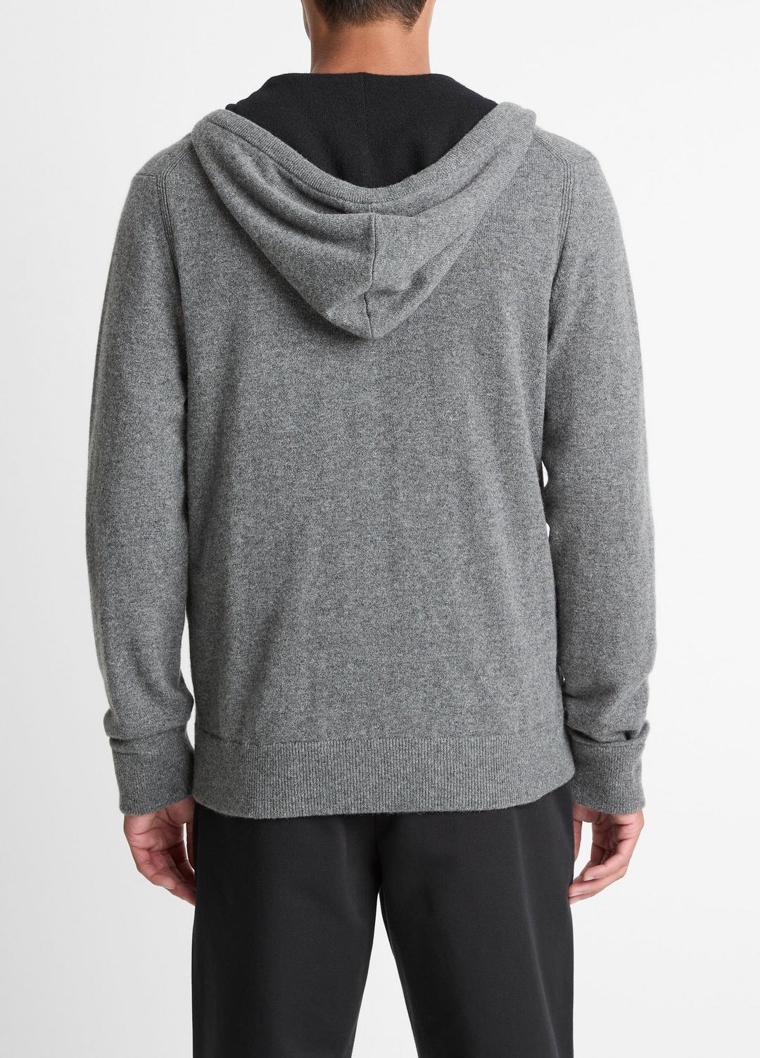 VINCE | Cashmere Zip-Front Hoodie in Cashmere - MEDIUM HEATHER GREY/BLACK