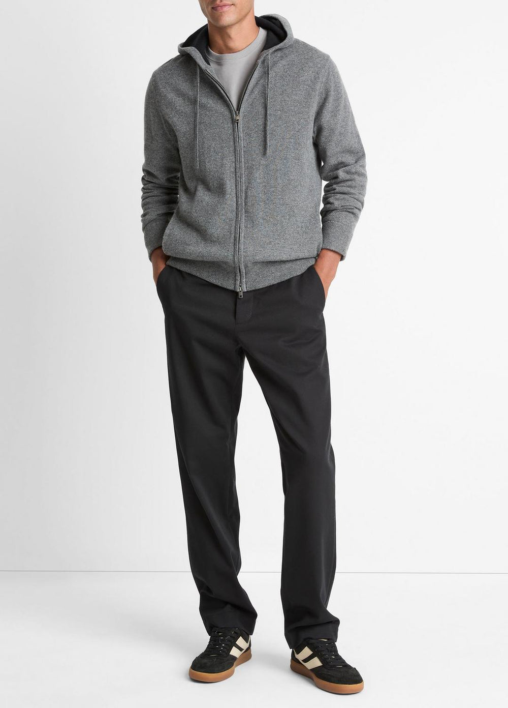VINCE | Cashmere Zip-Front Hoodie in Cashmere - MEDIUM HEATHER GREY/BLACK