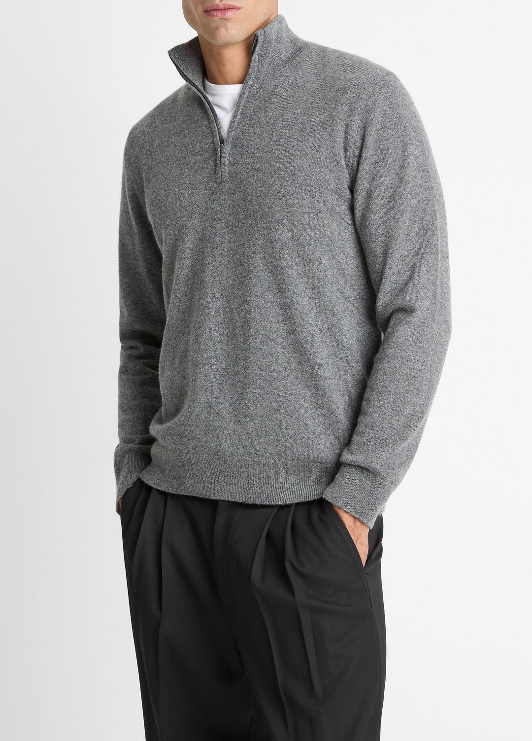 VINCE | Cashmere Quarter-Zip Sweater in Quarter Zip - MEDIUM HEATHER GREY