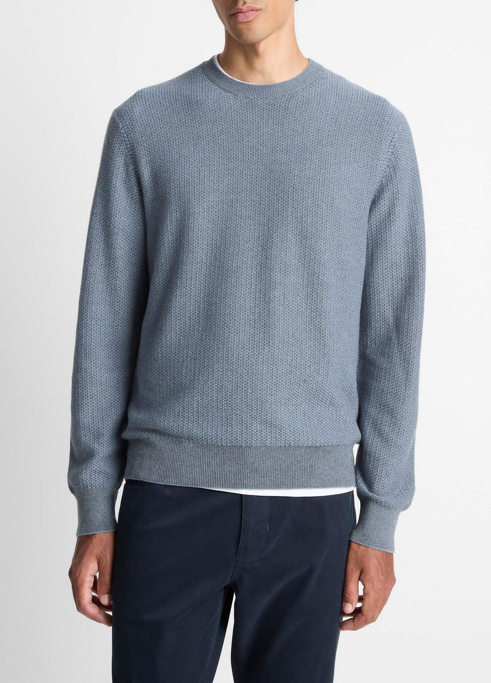 VINCE | Geo-Jacquard Wool-Blend Crew Neck Sweater in Crew Neck - PARLOR BLUE/MEDIUM HEATHER GREY