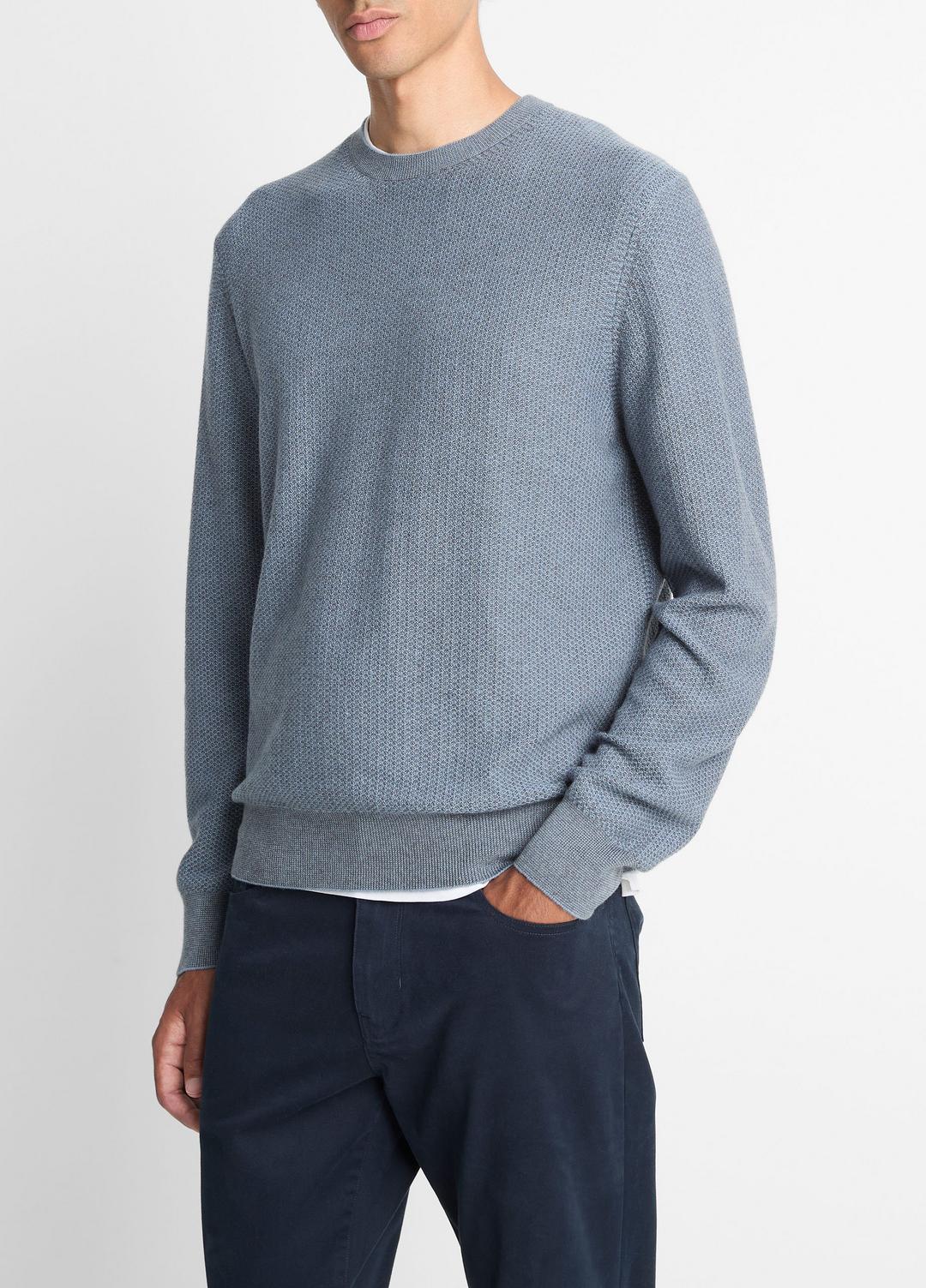 VINCE | Geo-Jacquard Wool-Blend Crew Neck Sweater in Crew Neck - PARLOR BLUE/MEDIUM HEATHER GREY