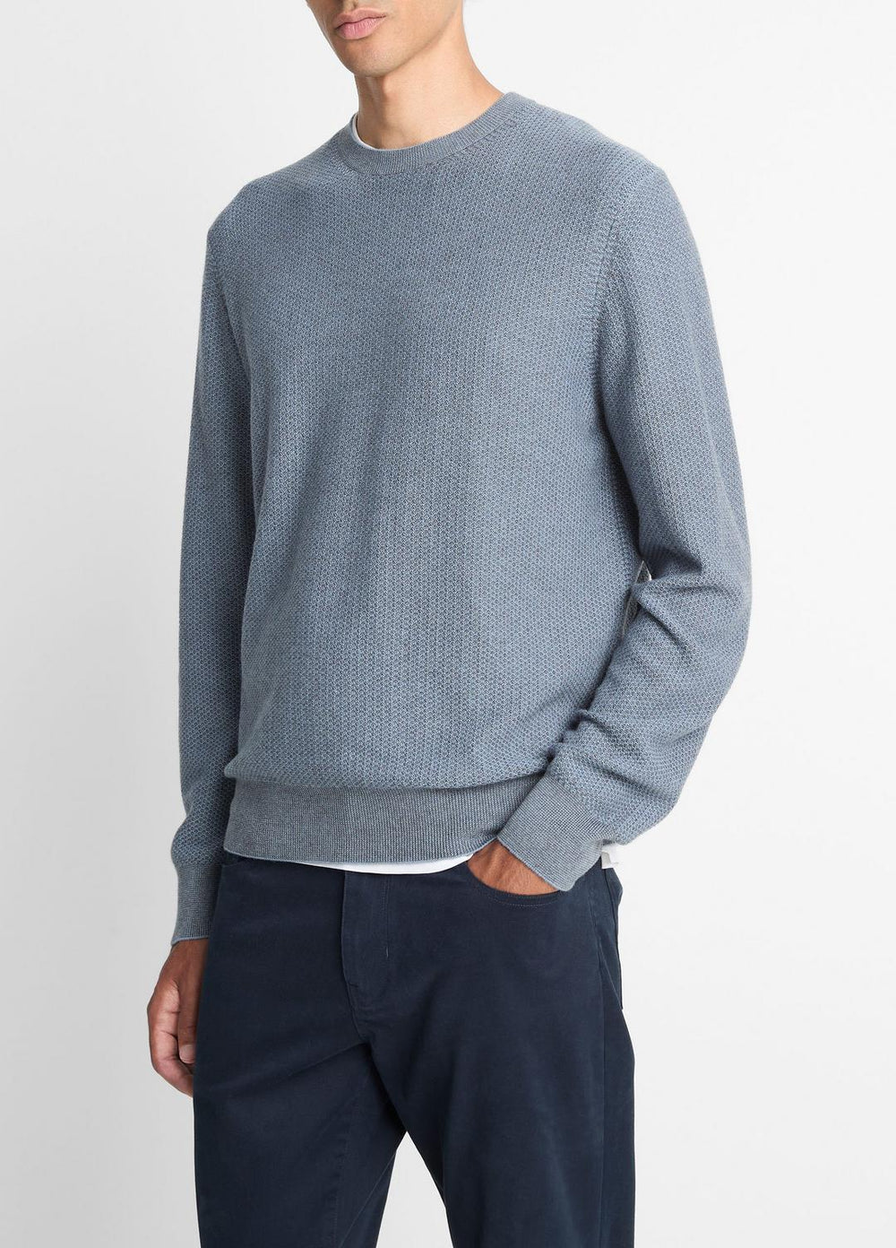VINCE | Geo-Jacquard Wool-Blend Crew Neck Sweater in Crew Neck - PARLOR BLUE/MEDIUM HEATHER GREY