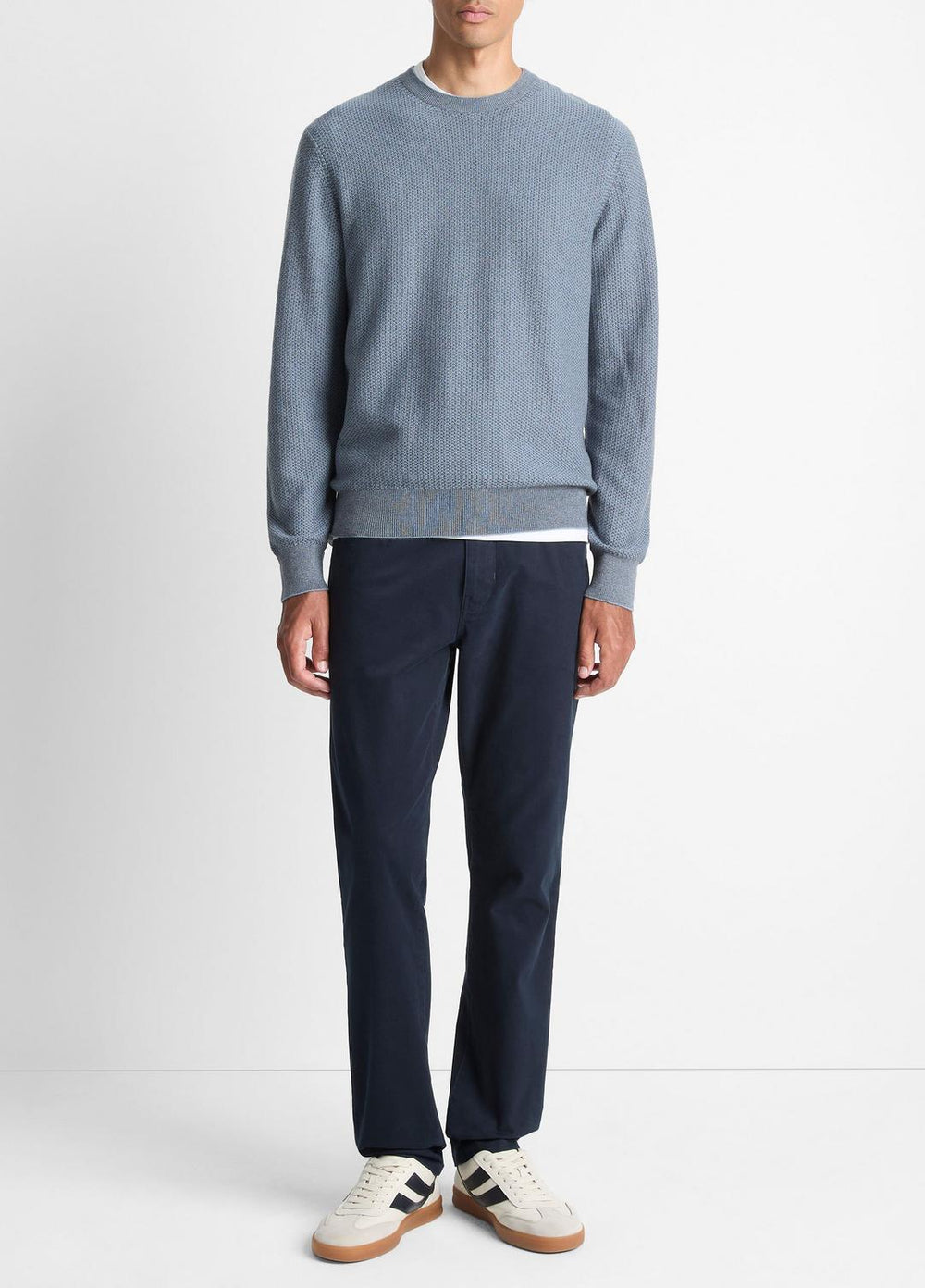 VINCE | Geo-Jacquard Wool-Blend Crew Neck Sweater in Crew Neck - PARLOR BLUE/MEDIUM HEATHER GREY