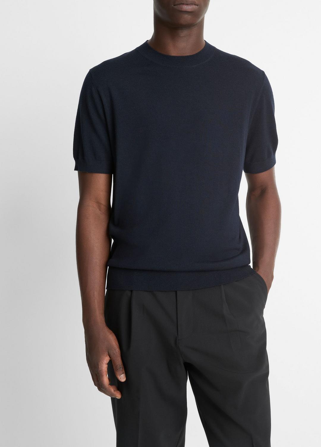 VINCE | Featherweight Merino Wool-Cashmere Short-Sleeve Sweater in Crew Neck - COASTAL BLUE