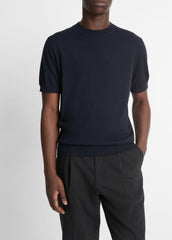 VINCE | Featherweight Merino Wool-Cashmere Short-Sleeve Sweater in Crew Neck - COASTAL BLUE