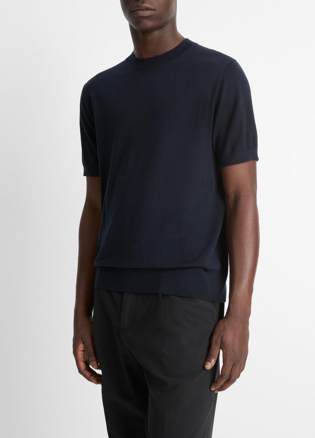 VINCE | Featherweight Merino Wool-Cashmere Short-Sleeve Sweater in Crew Neck - COASTAL BLUE
