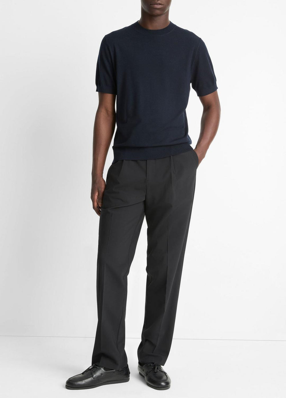 VINCE | Featherweight Merino Wool-Cashmere Short-Sleeve Sweater in Crew Neck - COASTAL BLUE