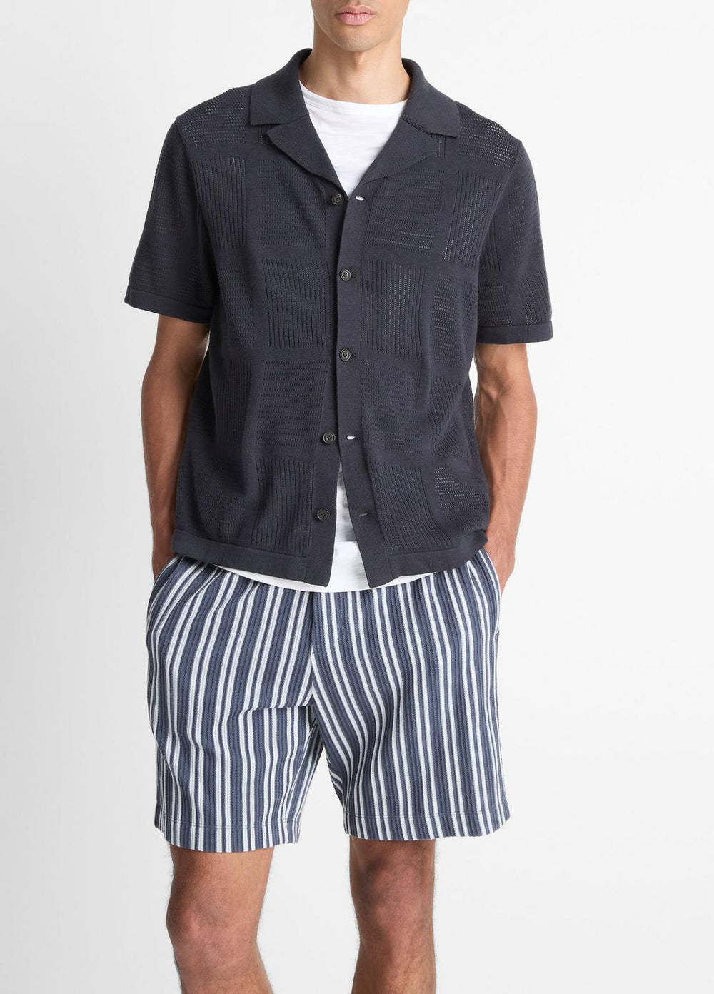VINCE | Patchwork Pointelle Short-Sleeve Shirt in Short Sleeve - LIGHT COASTAL BLUE