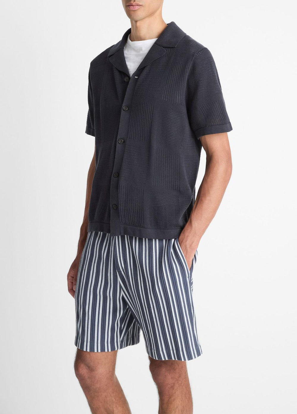 VINCE | Patchwork Pointelle Short-Sleeve Shirt in Short Sleeve - LIGHT COASTAL BLUE
