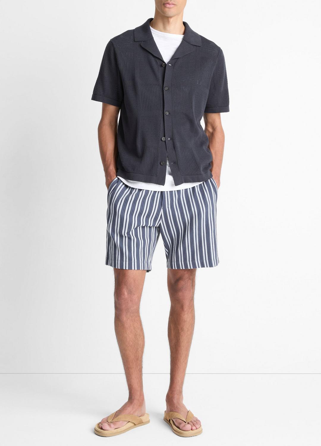 VINCE | Patchwork Pointelle Short-Sleeve Shirt in Short Sleeve - LIGHT COASTAL BLUE