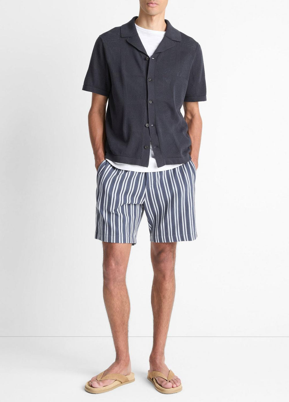 VINCE | Patchwork Pointelle Short-Sleeve Shirt in Short Sleeve - LIGHT COASTAL BLUE