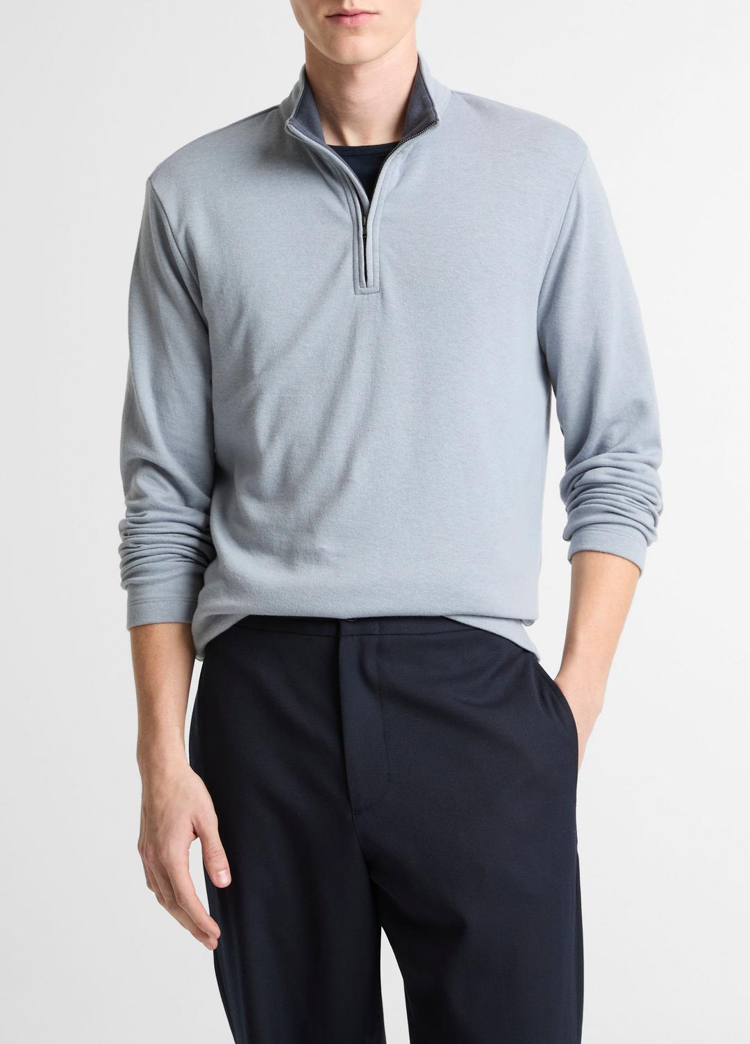 VINCE | Double-Face Cotton-Blend Quarter-Zip Pullover in Quarter Zip - STEEL BLUE/STUDIO