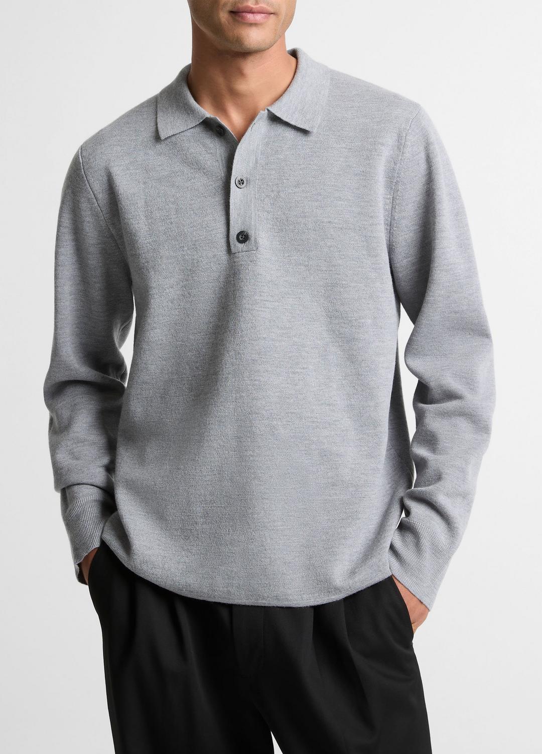 VINCE | Italian Merino Wool Milano Polo Sweater in Sweaters - HEATHER GREY