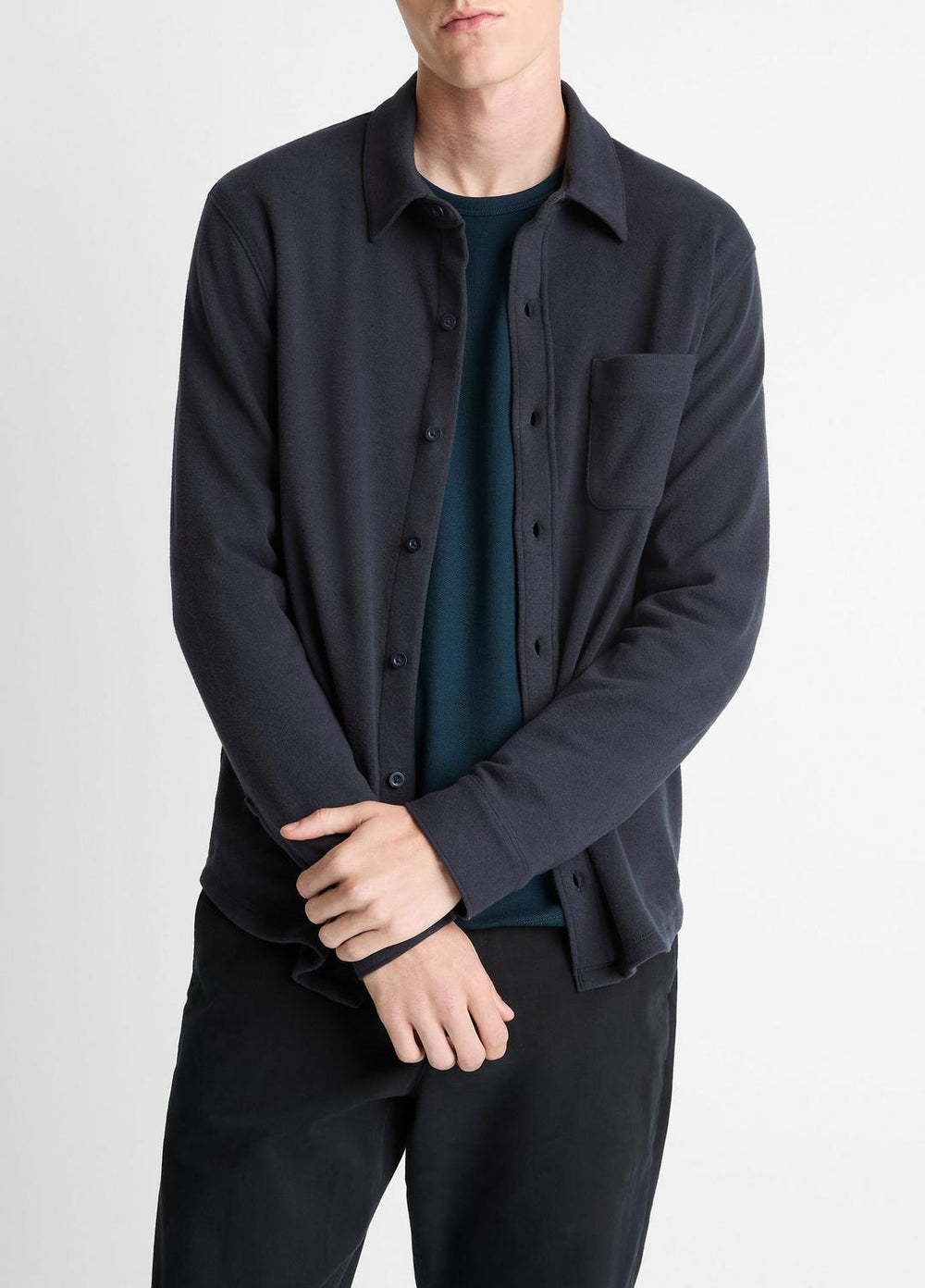 VINCE | Knit Cotton-Blend Button-Front Shirt in Long Sleeve - COASTAL BLUE