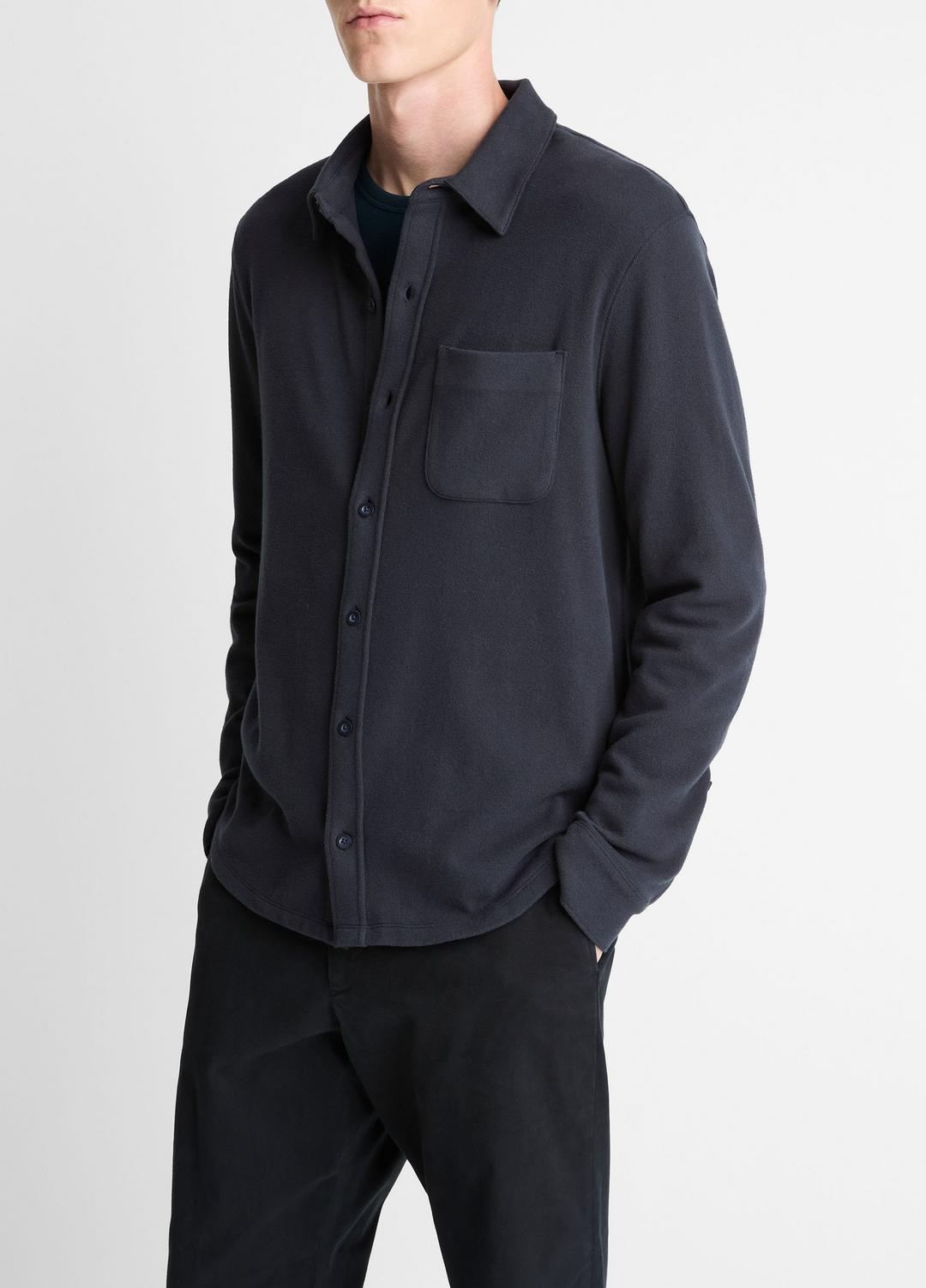 VINCE | Knit Cotton-Blend Button-Front Shirt in Long Sleeve - COASTAL BLUE
