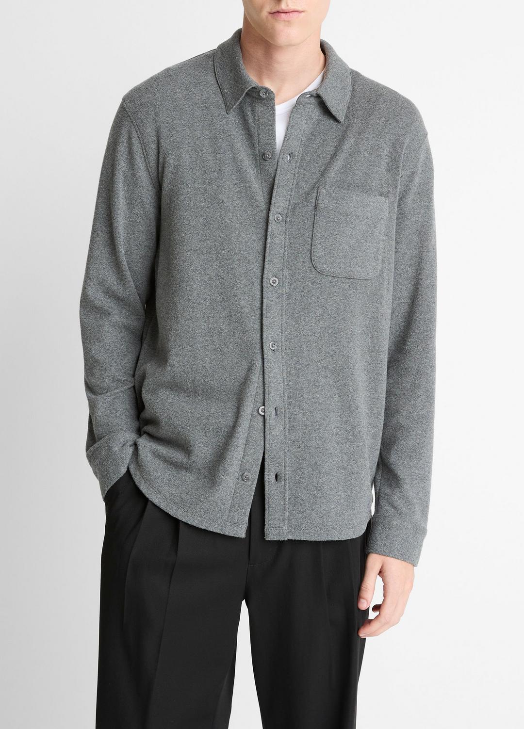 VINCE | Knit Cotton-Blend Button-Front Shirt in Long Sleeve - MEDIUM HEATHER GREY
